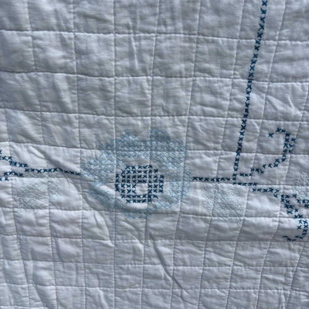 Vtg Hand Embroidered/Cross Stitch Reversible Quilt Floral Scalloped Edge Cottage